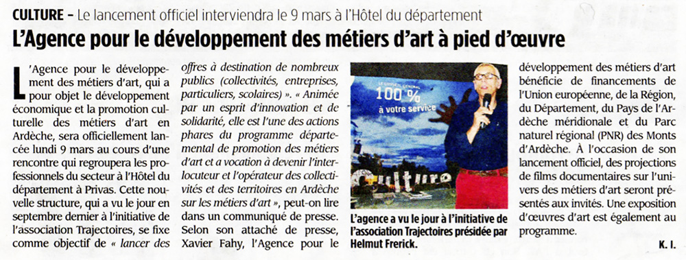 L'Agence pour le développement des métiers d'art à pied d'oeuvre, L'Hebdo de l'Ardèche (6 mars 2015)